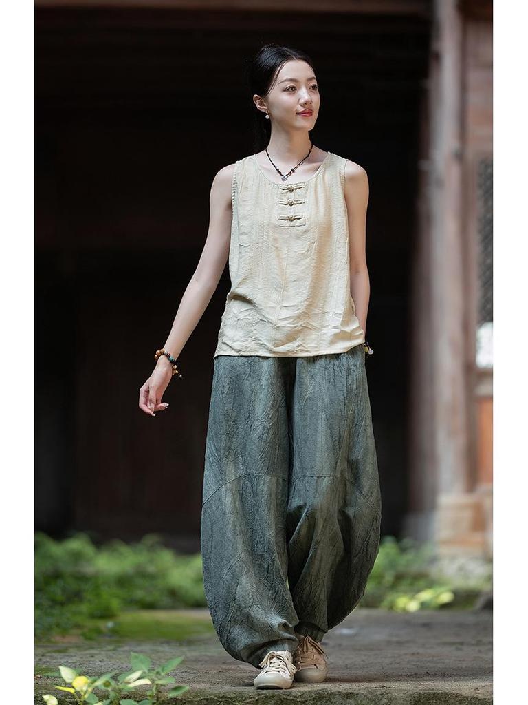 Damen-Retro-Leinenhose mit Batikmuster und weitem Bein im Laternen-Stil