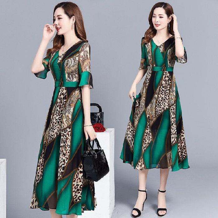 Large Size Women's Dress Summer New Fat MM Temperament Mother Medium and Long Ethnic Style Printed Dress