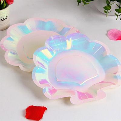 6Pcs/Pack Iridescent Shell Plates With Sparkle Laser Shining Paper Tableware For Birthday Wedding Mermaid Party Baby Shower Cake Dish Dinner Plate