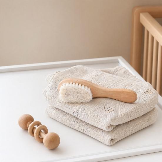 Soft Wool Bath Brush for Baby, Gentle Newborn Skin Cleanser with Natural Cherry Beech Wood Handle, Non-Irritating Infant Bath Scrubber