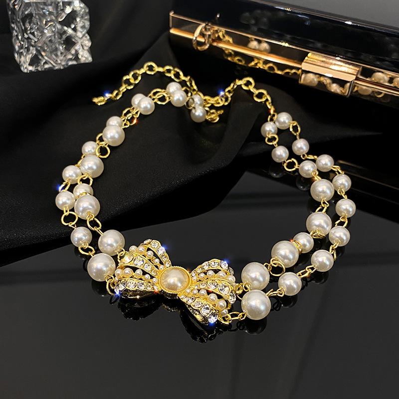 Retro Court Style Double Layer Pearl & Diamond Necklace - Elegant Choker for Women