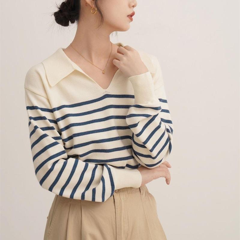 

Весенне-осенняя женская блузка с воротником-поло, мягкий вязаный топ в полоску, женский свободный трикотаж с длинными рукавами One Size белый