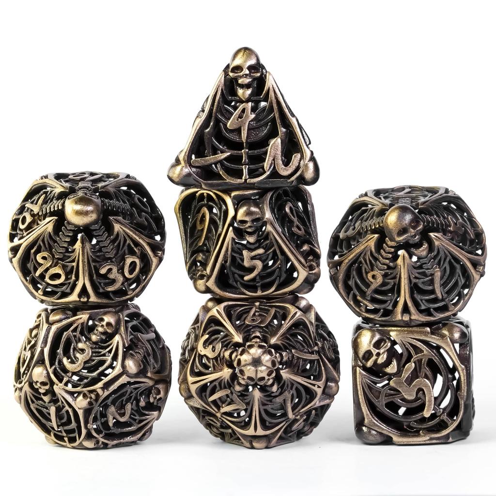 Cusdie Skelett Hohl DND Würfel Metall 7 Stück D4-D20 Polyedrisches Würfelset für Dungeons and Dragons Rollenspiel Pathfinder