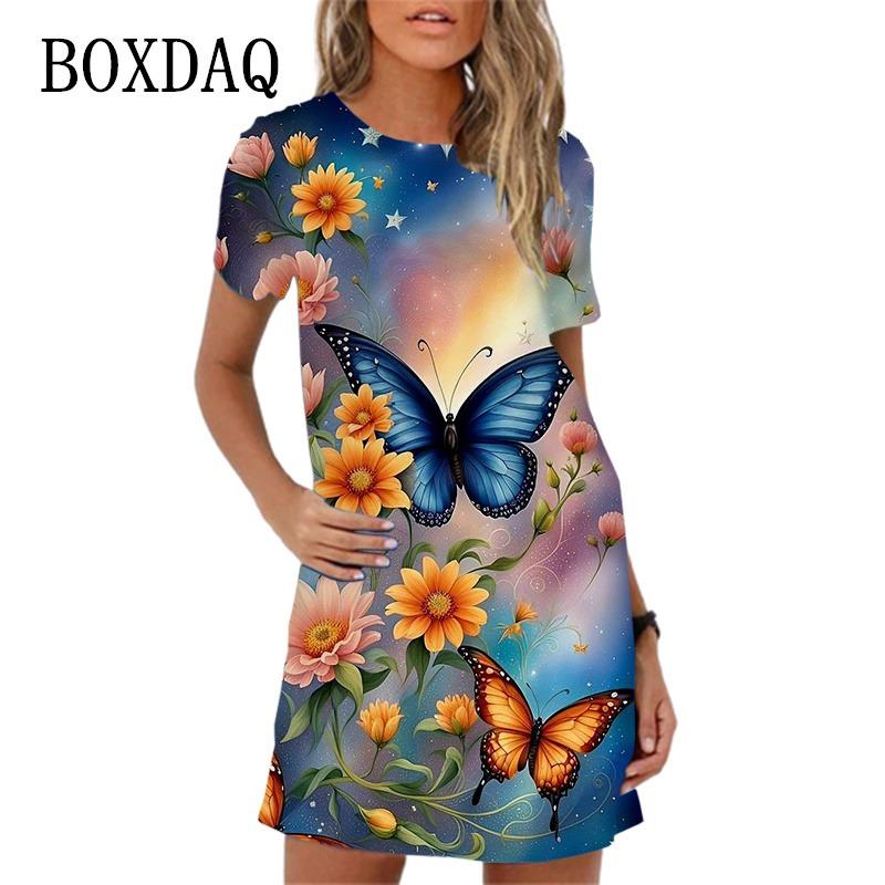 Elegant Butterfly Print Party Dress For Women Short Sleeve O-Neck Loose Casual A-Line Dress New  Spring Summer Ladies Dress