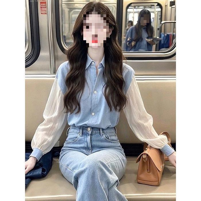 Blue & White Patchwork Lace Long Sleeve Chiffon Top - Women s Summer Sun Protection Extra Large синий