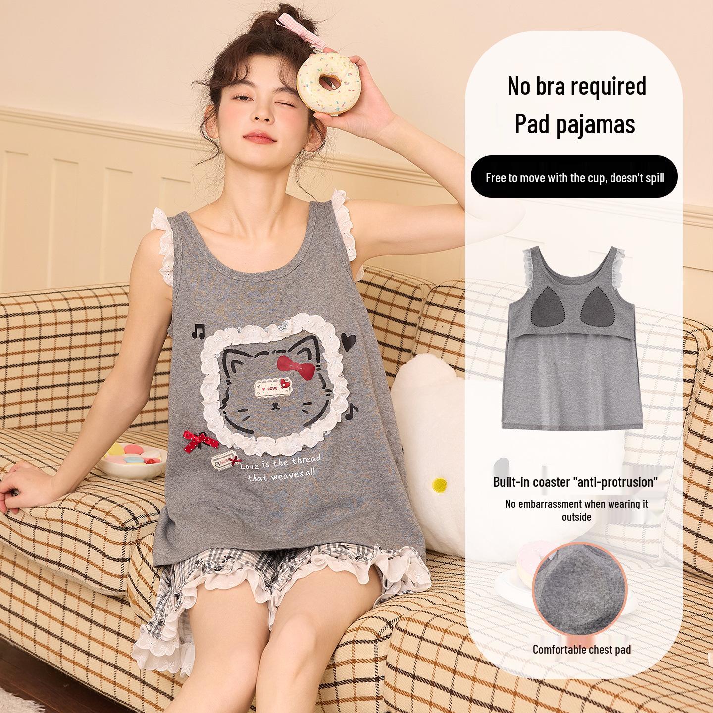 

Women s Sleeveless Snowflake Cotton Sleepwear Set with Chest Pads - Cute Cartoon Tank Top and Shorts for Summer Nights 2XL