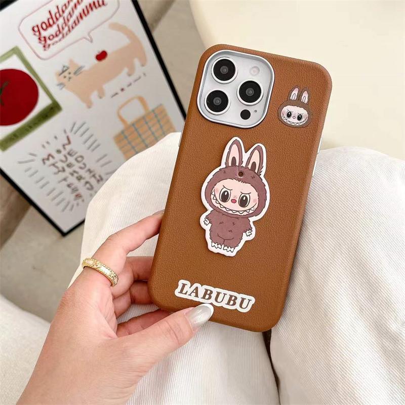 

Милый чехол для телефона Labubu из кожи личи для iPhone 16 15 14 13 12 11 Pro Max, мягкий чехол iPhone 16 Pro Max коричневый