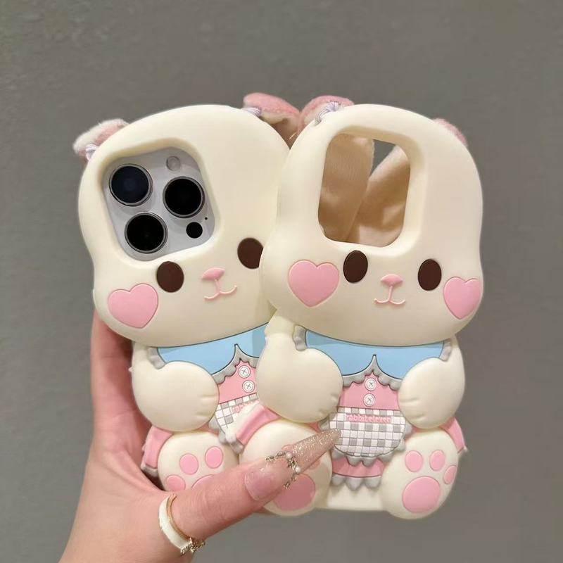 3D Cartoon Plush Long Ears Rabbit Phone Case For IPhone 17 16 15 14 13 Pro Max 14 15 Plus Soft Silicone Back Cover