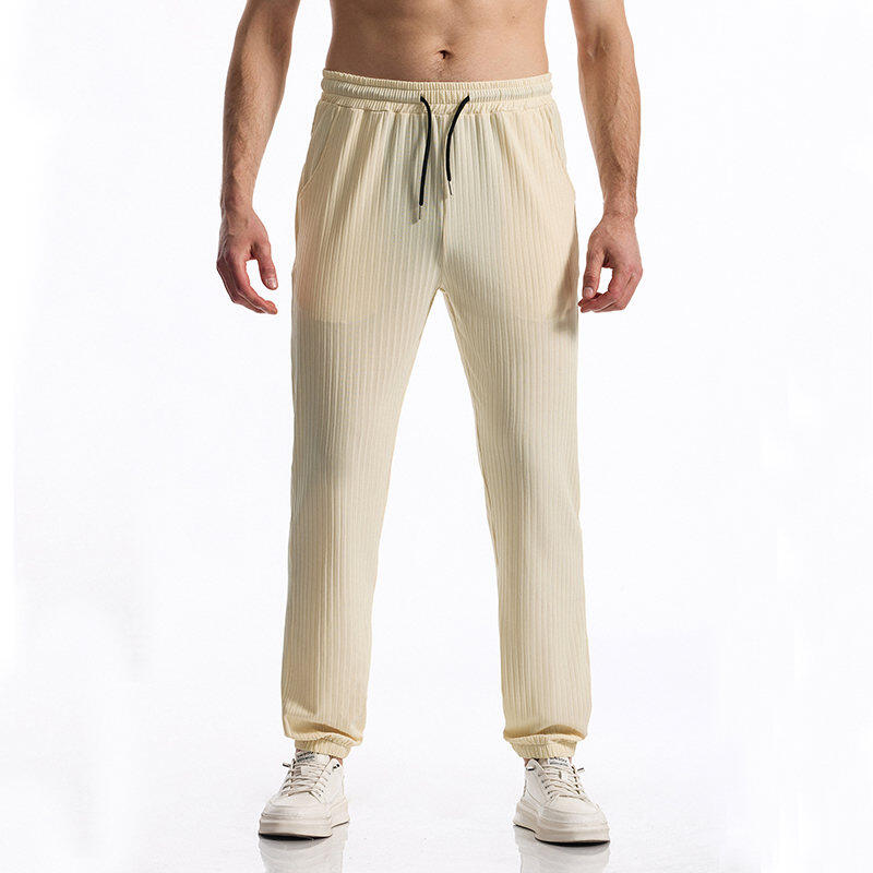 Men's Spring/Spring Ribbed Pants Elastic Waistband with Drawstring Straight Leg Comfortable and Versatile for Everyday Wear