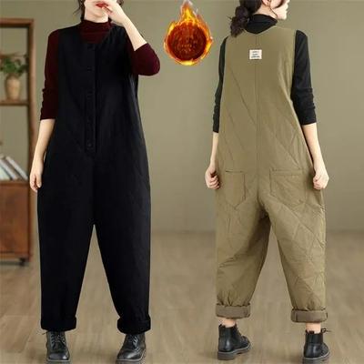 Pantaloni Casual din Bumbac Retro cu Model Romboidal pentru Femei, Mărime Mare de Iarnă, Subțieri, Plus Catifea, Îngroșați, Pantaloni Întregi