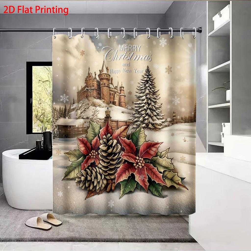1Pc Merry Christmas Printed Waterproof Shower Curtain Partition Privacy Hanging Curtain, With 12 Hooks, Easy To Install