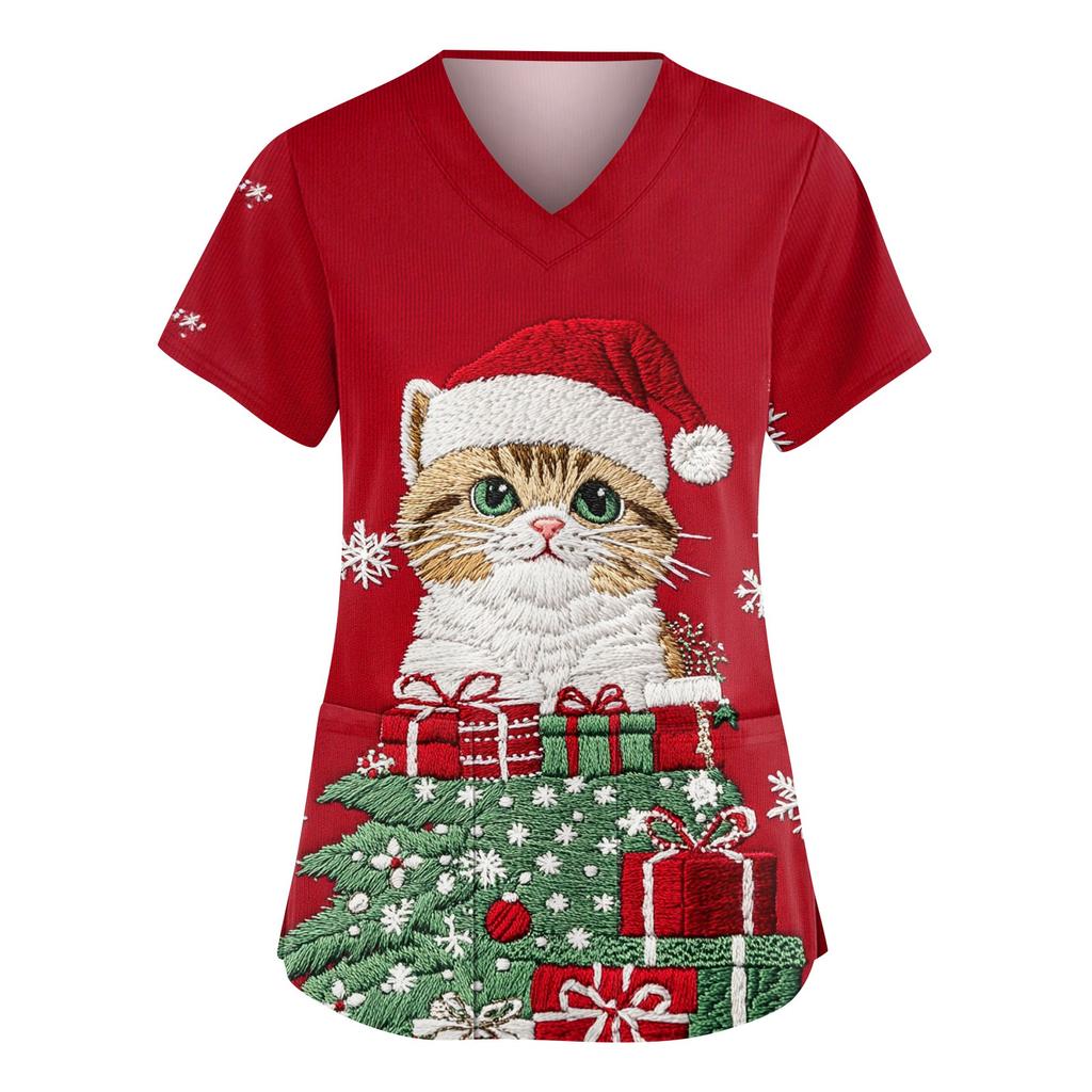 Women's Fashionable V-neck Workwear Christmas Printed Short Sleeved Pocket Side Slit Workwear Basic Pullover Top