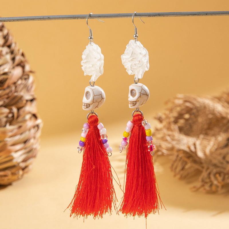 

Funny Ethnic Flower Skull Drop Earrings for Women Creative Gothic Punk Long Tassel Earring Halloween Party Festival Jewelry Gift