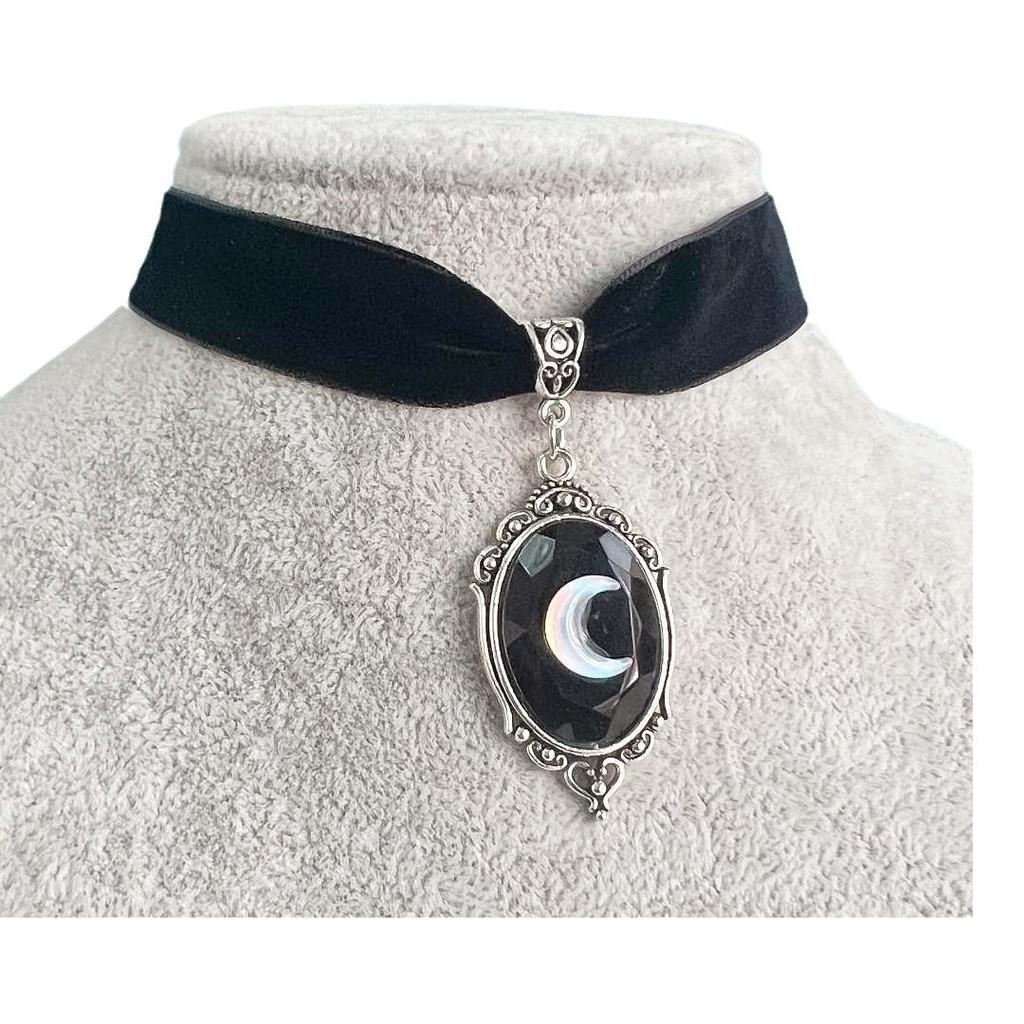 Gothic Black Velvet Necklace With Moon Pendant For Women And Men
