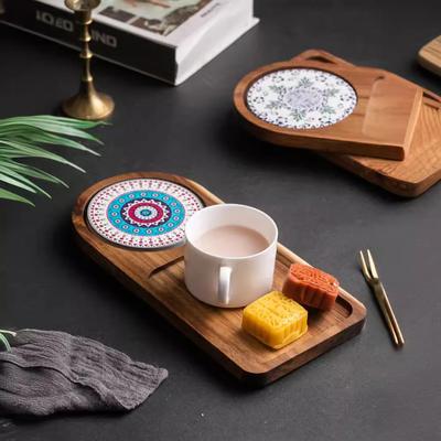 Japanese Wooden Tray with Ceramic Coaster for Cups Plates Retro Bread Dessert Breakfast Display