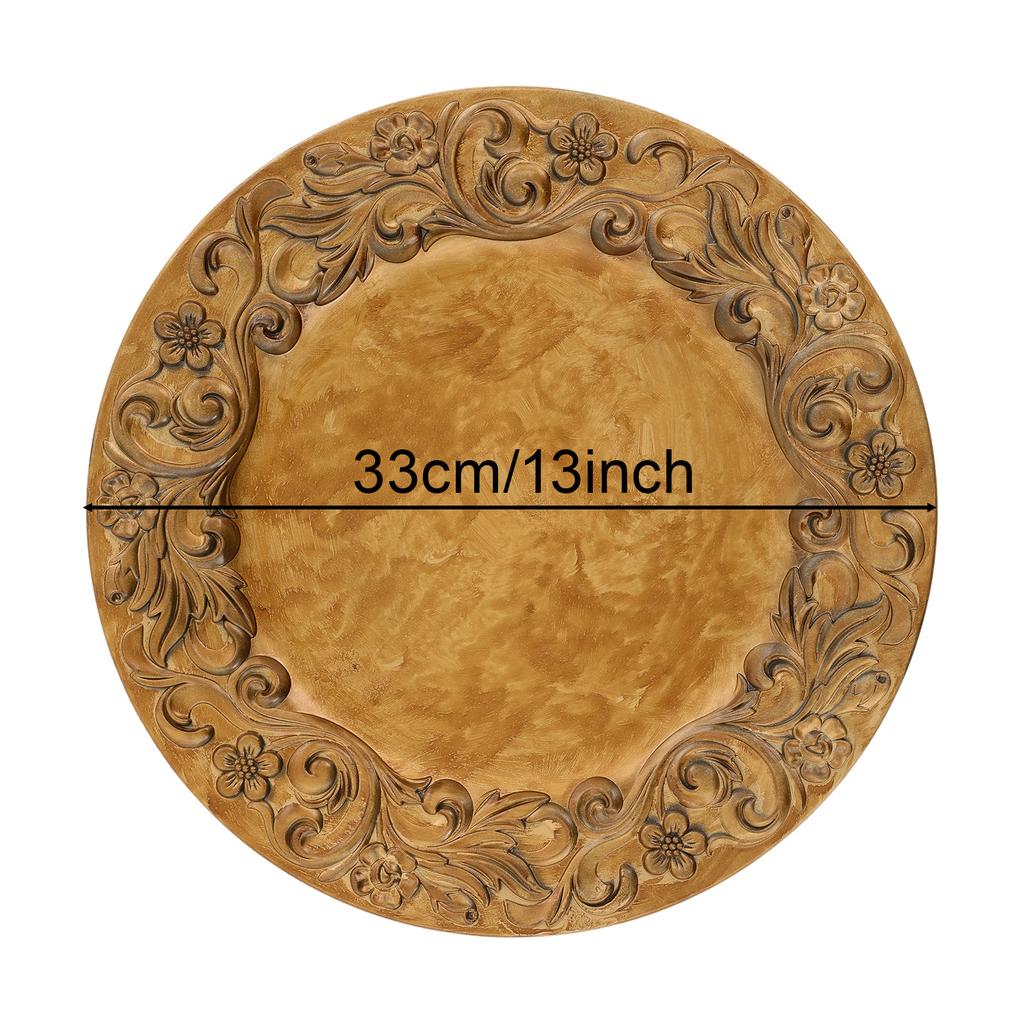 100 Pcs Gold Plastic Antique Charger Plates, 13inch Embossed Rim Reusable for Christmas Halloween Wedding Party Table Decoration