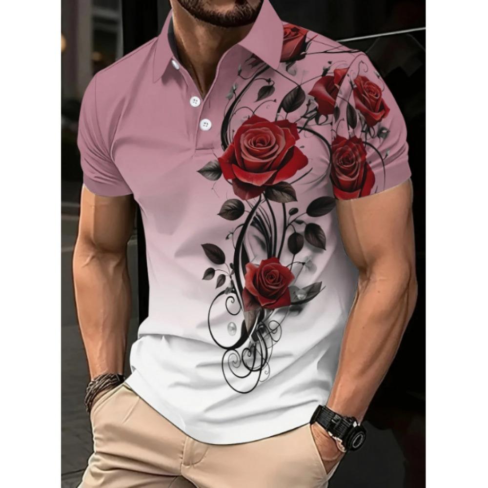 New Men's Red Rose Pattern 3D Printed Casual Top, Comfortable Short Sleeved Polo Shirt