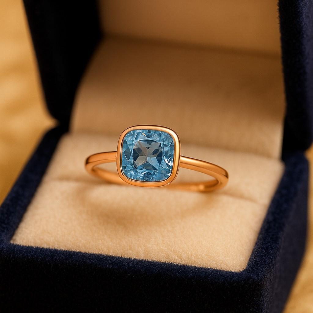 Cushion Cut Aquamarine Solitaire Ring – Yellow Gold Plated Bezel Setting, Engagement Wedding Jewellery Gift for Women
