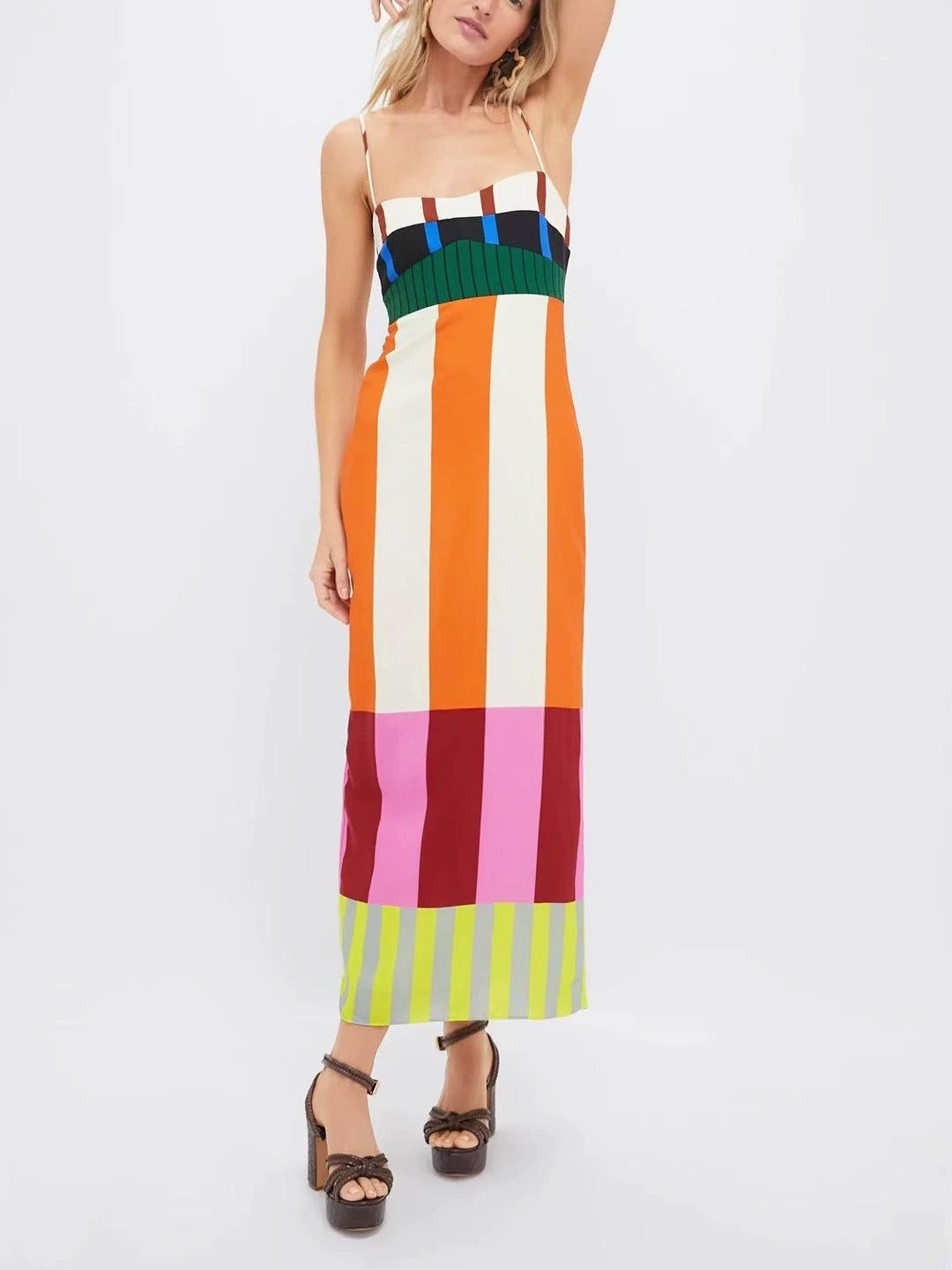 Women s Spaghetti Strap Midi Bodycon Dress High Waist Color Block Vertical Stripe Split Hem Summer Party Dress XS