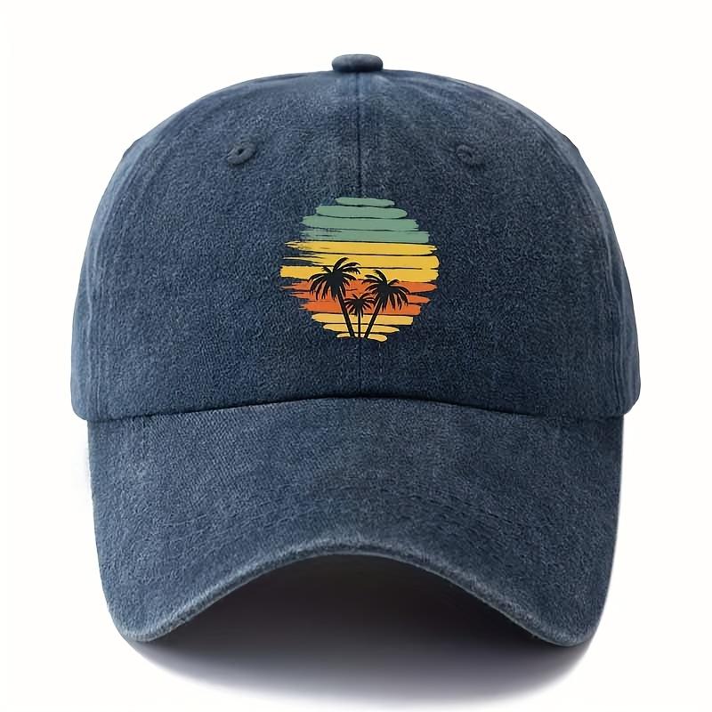 Retro tropical sunset coconut tree patterned baseball cap suitable for outdoor travel, camping, and leisure activities