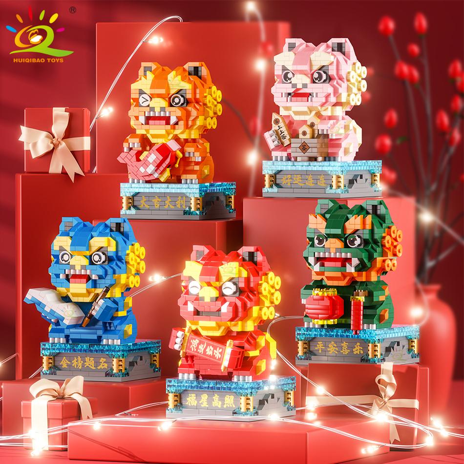 Chinese Style Lucky Dancing Lion Diamond Micro Building Blocks Table Decoration Bricks Kids Assembled Toys for Children
