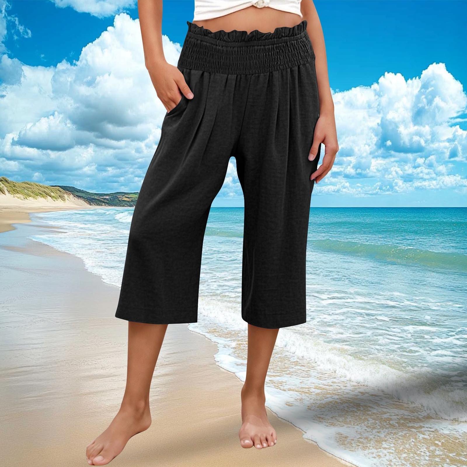 

Women Summer High Waisted Cotton Linen Palazzo Pants Wide Leg Cropped Capris Trousers With Pocket L чёрный