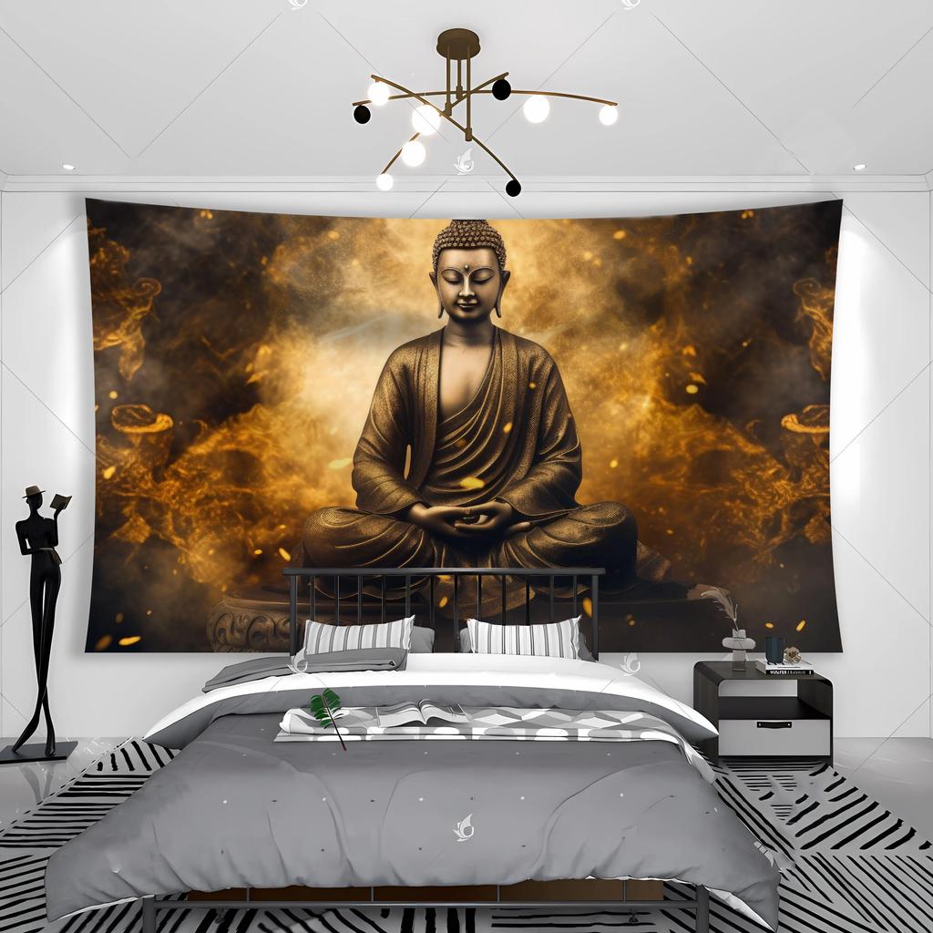 Zen Buddha Tapestry  Serene Meditation  Golden Clouds  Unique Wall Art for Yoga Room Home Decor  Spiritual Gift