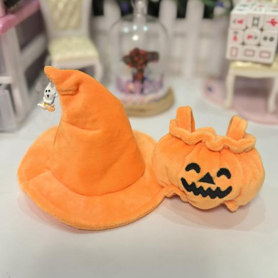 Doll Clothes Halloween Pumpkin Overalls Plush Doll Costume with Black Hat Cute Outfit for 15cm Dolls Display