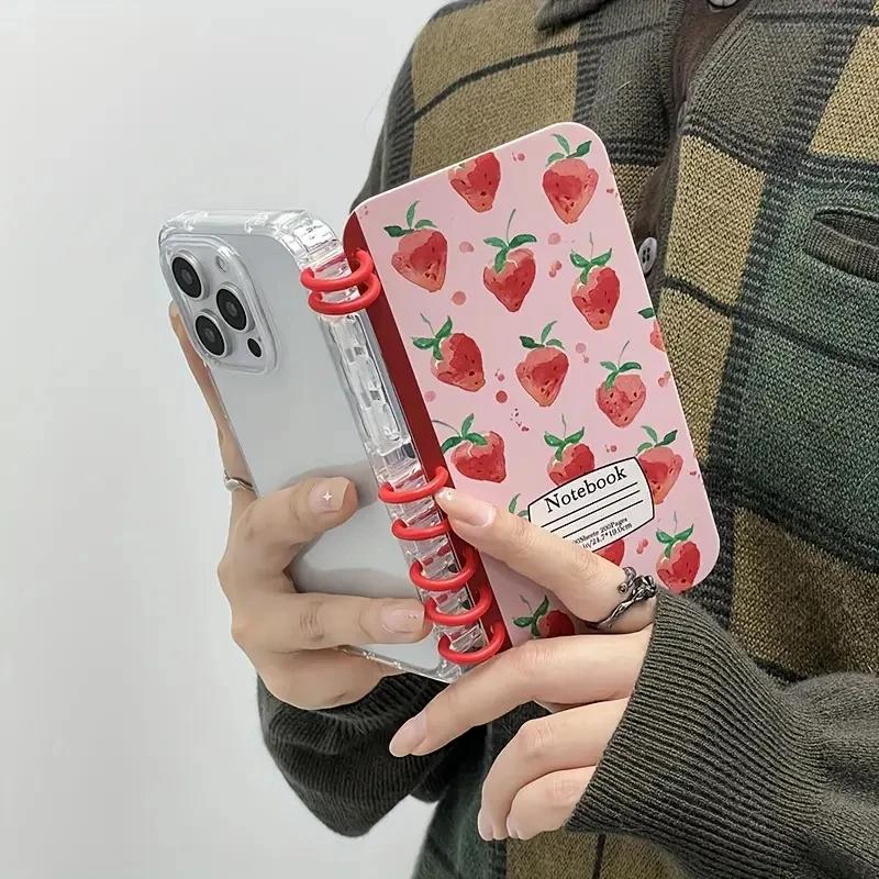 Cute Strawberry Fruit Flip Phone Case For iPhone 17 Air 16 15 14 13 12 11 Pro Max Plus Coil Notebook Shape Shockproof Cover