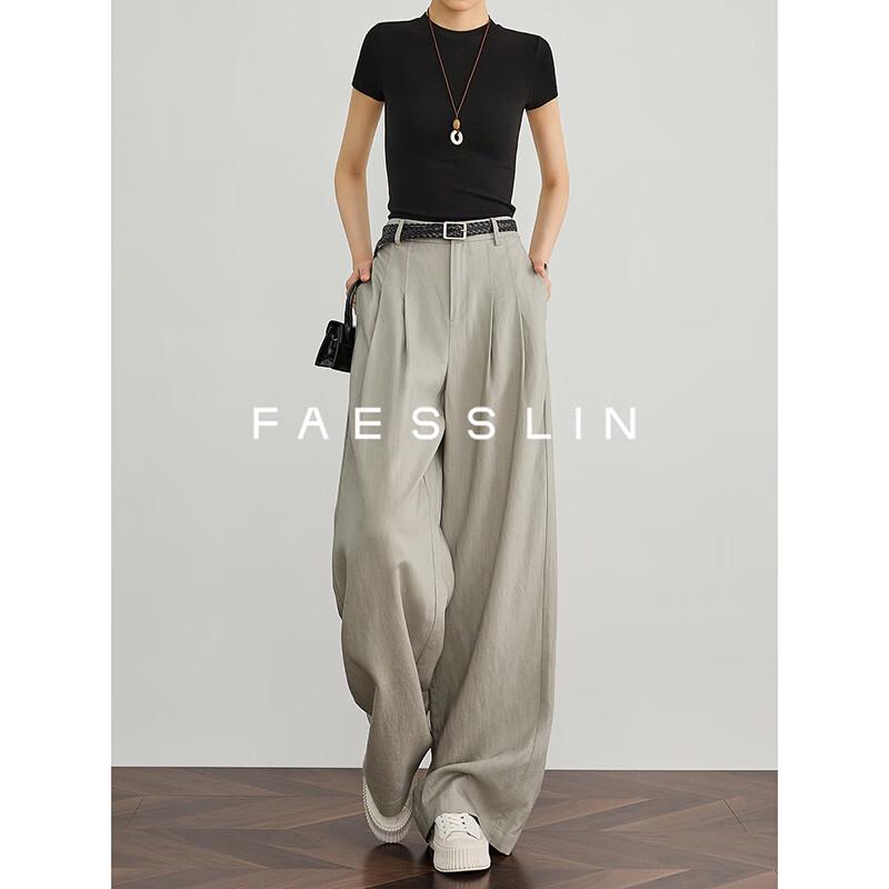 FAESSLIN Women's Light Grey Linen Blend Wide-Leg Suit Pants