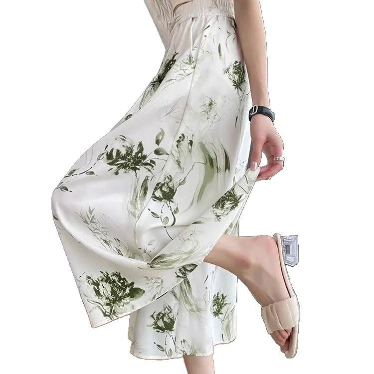 Women's High Waist Ink Print Ice Silk Wide-Leg Capri Pants - Summer 2025 Collection