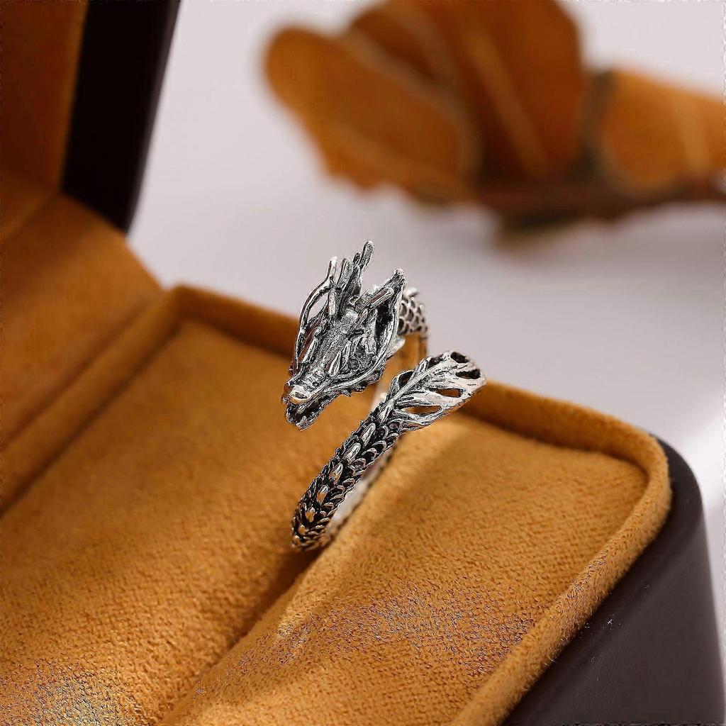 Open Ring, Vintage Distressed Dominant Giant Dragon Zodiac