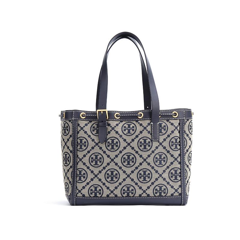 Tory Burch T Monogram Logo Print Matte Texture Woven Jacquard Leather Bucket Shoulder Bag Small Women Handbags Navy-Blue 81803-405