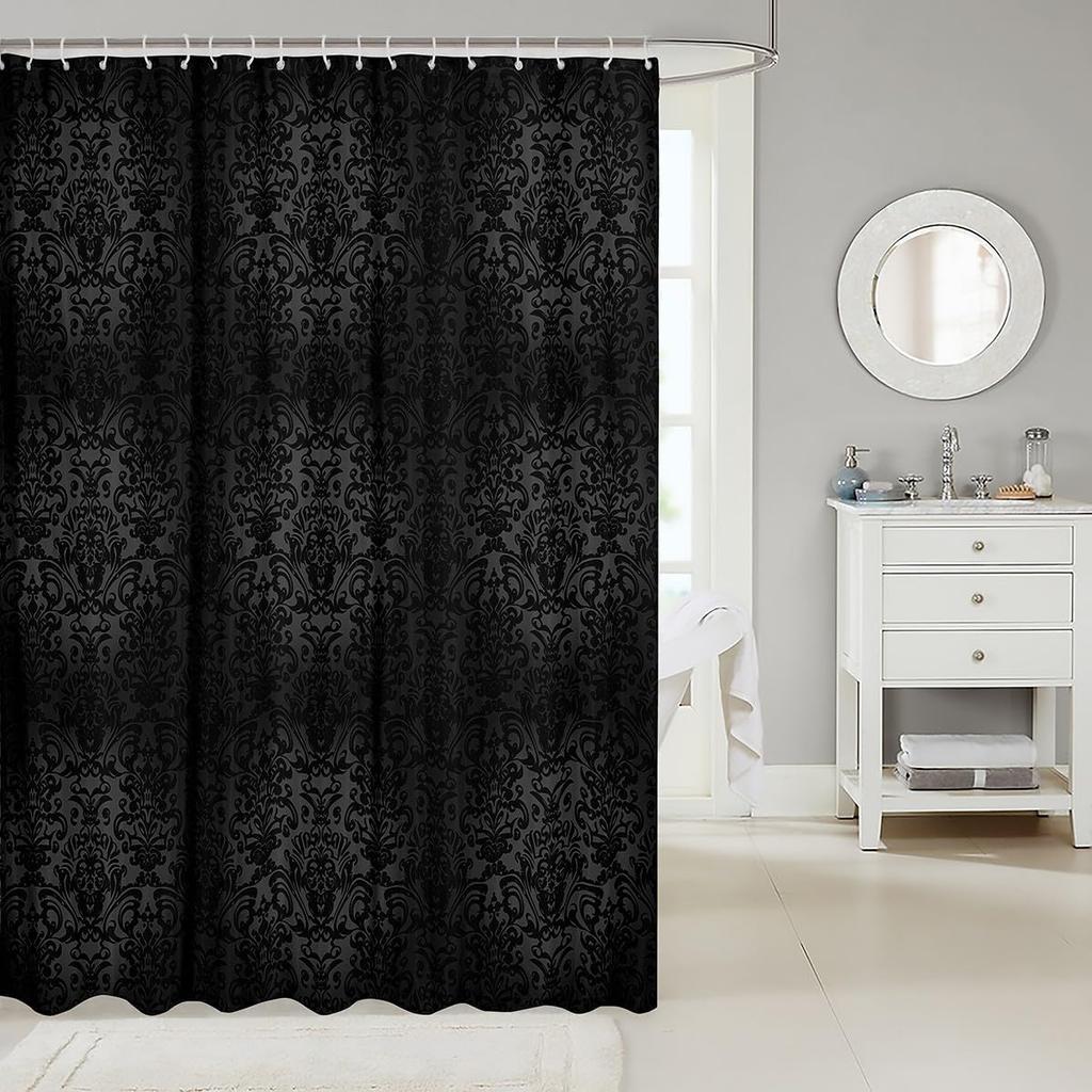 Boho Damask Shower Curtain - Baroque Style Antique Ornament, European Pattern Floral Decorative Polyester Fabric - Black & Grey
