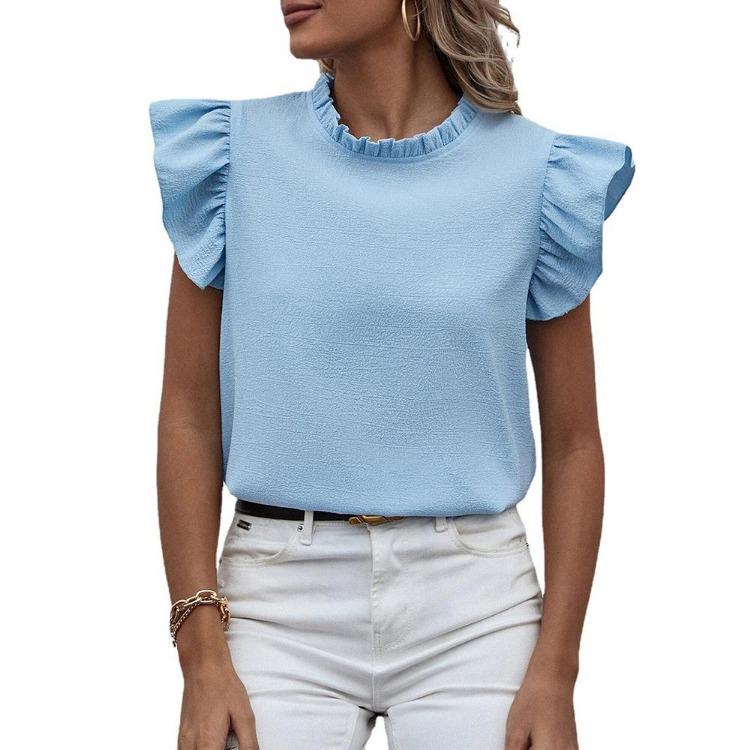 Sweet Women's Solid Color Ruffle Blouse Round Neck Tank Top Spring Summer Shirt