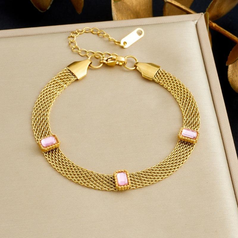 Gold Plated Multi-Strand Mesh Bracelet with Emerald CZ, Dainty Curb Chain Bracelet with Green Stone Charms, Luxury Jewelry for Women Gift