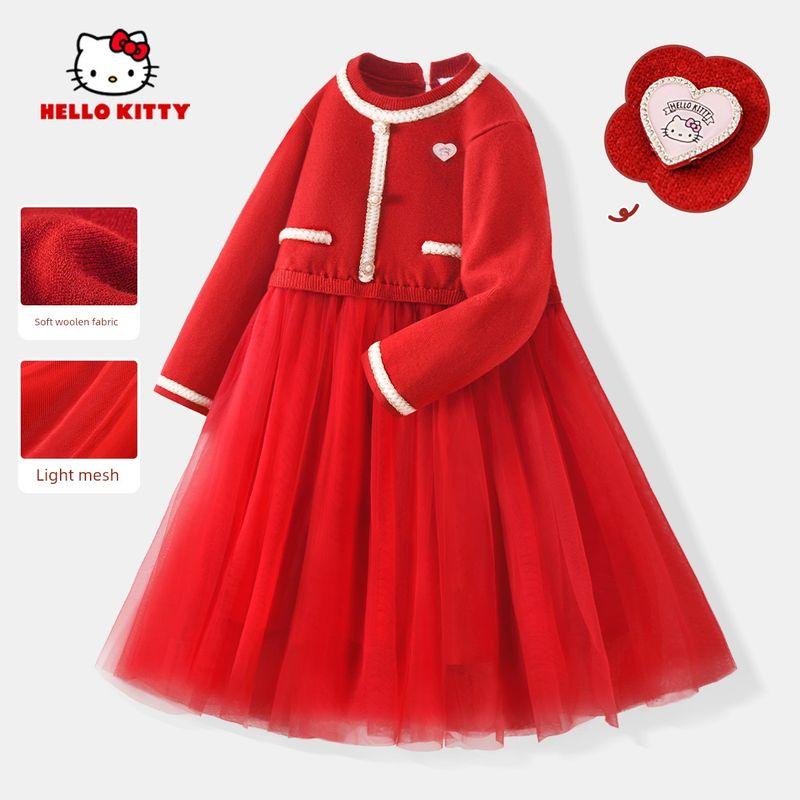 Hello Kitty New Year s Dress for Girls, First Birthday Dress, Children s Dress, Pink Tulle Dress, Princess Dress, Fashionable and Trendy Pomegranate Red 150