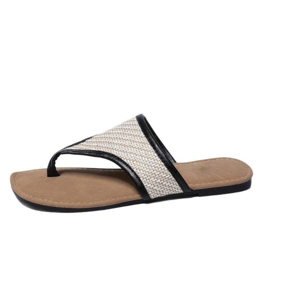 Korean version 2025 summer new pinch foot cool slippers flat-bottomed canvas niche retro versatile toe flip-flops shoes women