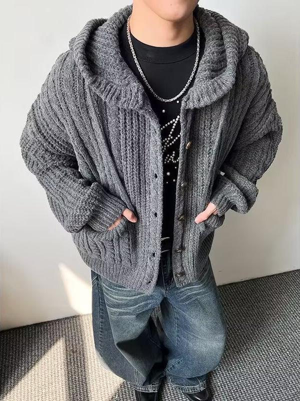 Men's Retro Chunky Knit Cardigan: Versatile Japanese Jacquard Sweater with Big Pockets.