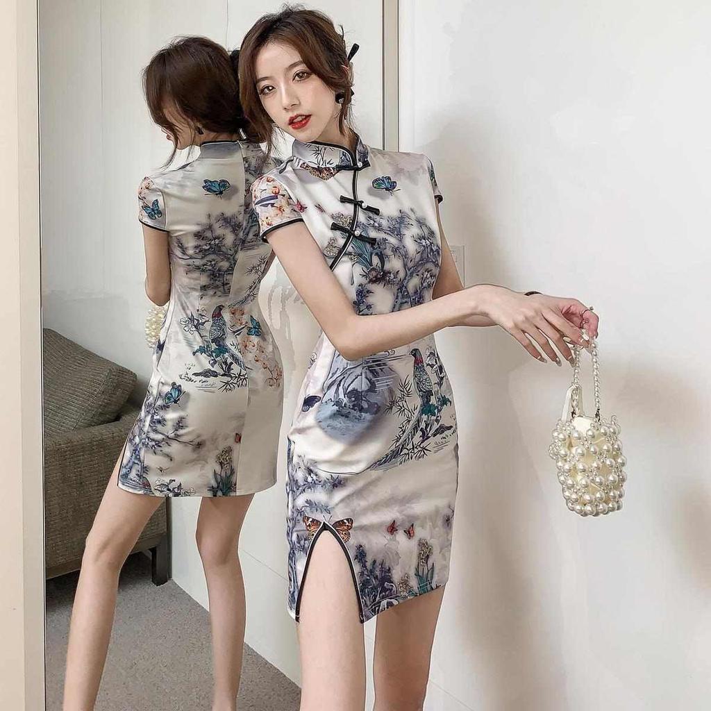 Youthful Petite Cheongsam: Mid-length Summer Ink Painting Bodycon Dress