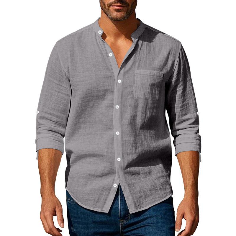 Fashionable Men's Linen Shirt Long-sleeved Stand Collar Breathable Casual Men's Style Chinese-style Pocket Shirt