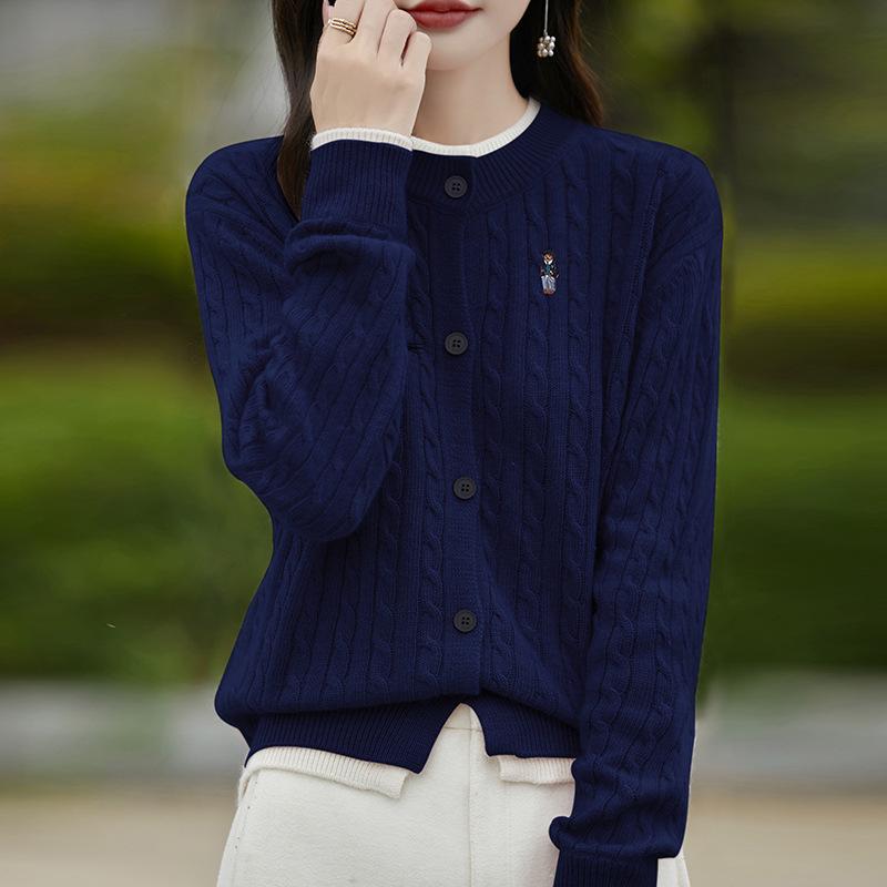 2025 Women's Fashion Color Block Knitted Cardigan: Round Neck, Fake Two-Piece, Embroidered Cable Knit Sweater