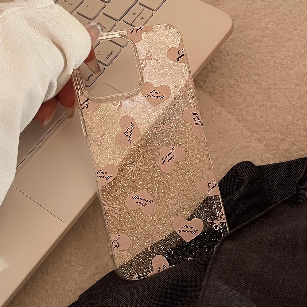 Pink Love Bow Glitter for Apple 15 Promax Mobile Phone Case 16 for Iphone 17 Soft 11 Niche 12 Transparent