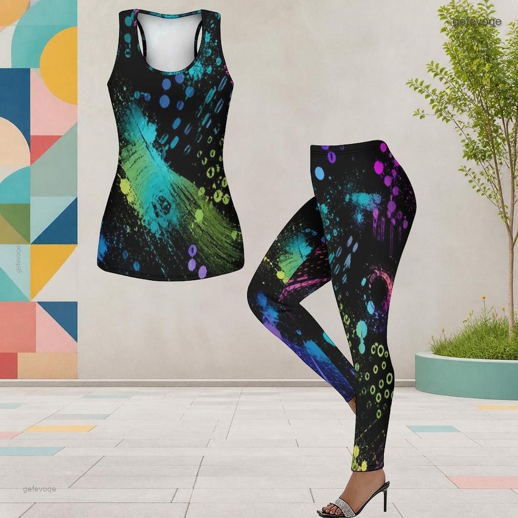Womens Plus Size Two Piece Set Scoop Neck Sleeveless Printed Longline Tank Top And Fitted Pants