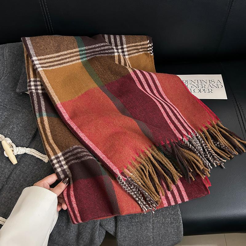 High-end niche striped plaid warm scarf autumn and winter couple fashion trend imitation cashmere fringed shawl