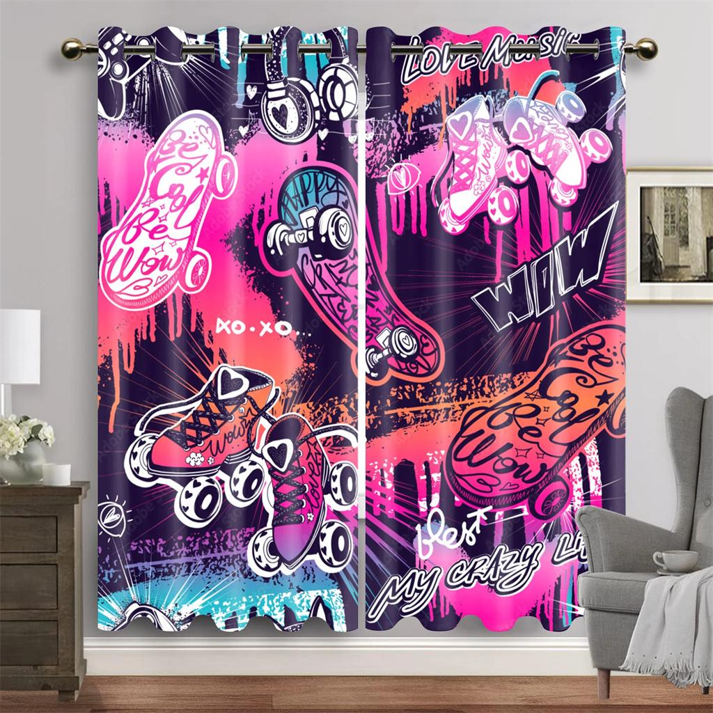 Animated Gamepad Switch Drapes designed for Boys Bedroom Space Graffiti Words Video Games Window Drapes Game Players Living Room Decoration