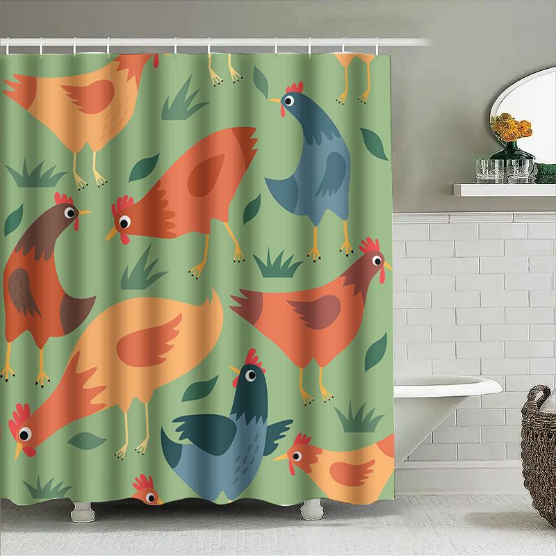 Chicken Print Shower Curtain Farmhouse Decor For Bathroom Waterproof Fabric With Hooks Various Colors Available (Green)