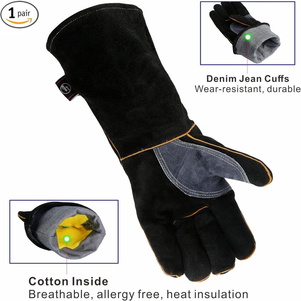 Extreme Heat & Fire Resistant Gloves Leather with Kevlar Stitching,Mitts Perfect for Fireplace, Stove, Oven, Grill, Welding, BBQ, Mig, Pot Holder,
