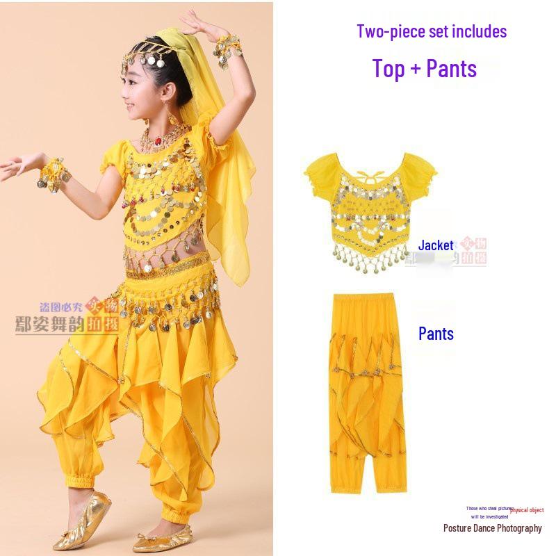 

Костюм для індійського та синьцзянського танцю для дівчаток: Дитячий етнічний одяг для виступу з танцю живота M (110-120cm)