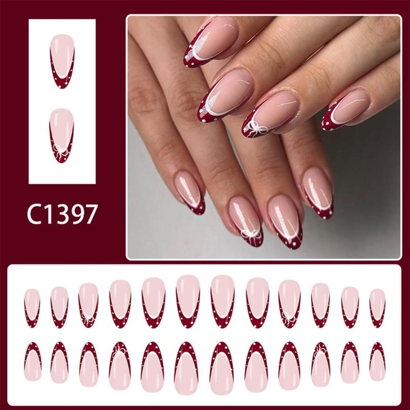 Glossy Press On Nail Almond Shaped Wine Red French Tip With White Polkas Dots and Bows Design 24Pcs for Women Party